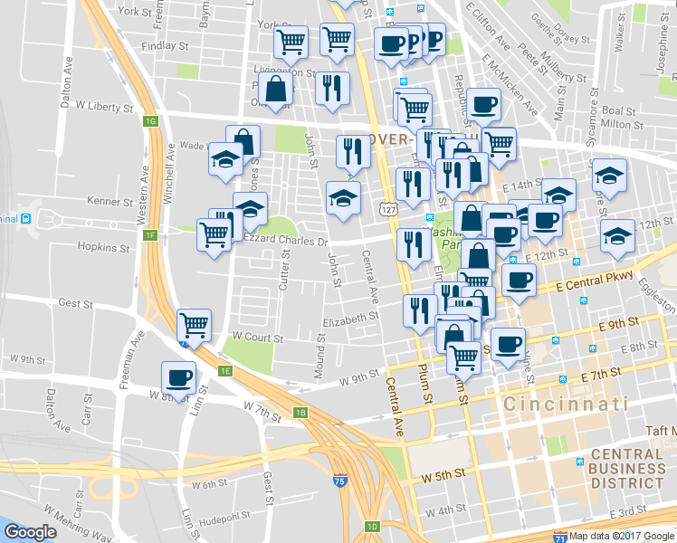 map of restaurants, bars, coffee shops, grocery stores, and more near 1213 John Street in Cincinnati
