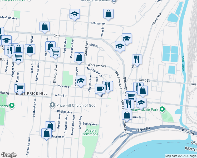 map of restaurants, bars, coffee shops, grocery stores, and more near 933 Mount Hope Avenue in Cincinnati