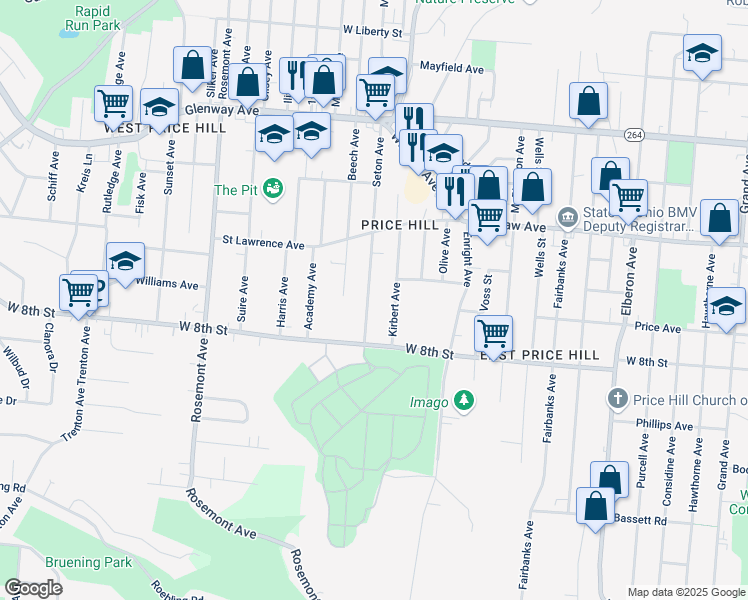 map of restaurants, bars, coffee shops, grocery stores, and more near 901 Kirbert Avenue in Cincinnati