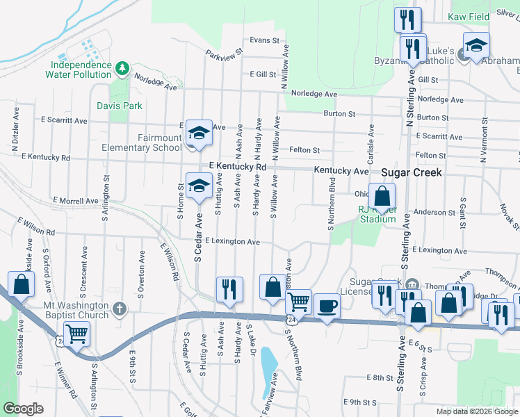 map of restaurants, bars, coffee shops, grocery stores, and more near 132 South Willow Avenue in Sugar Creek