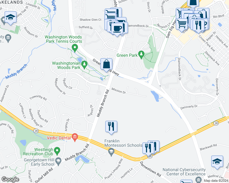map of restaurants, bars, coffee shops, grocery stores, and more near 106 Mission Drive in Gaithersburg