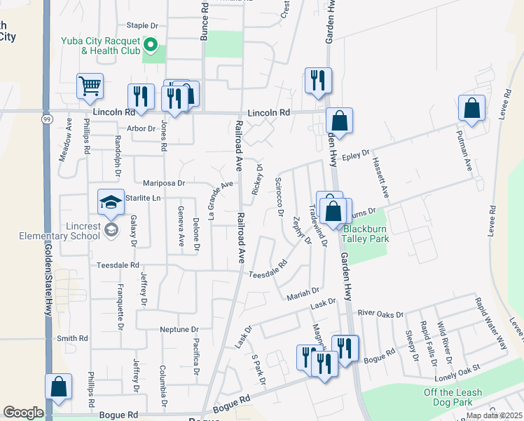 map of restaurants, bars, coffee shops, grocery stores, and more near 1341 Scotten Court in Yuba City