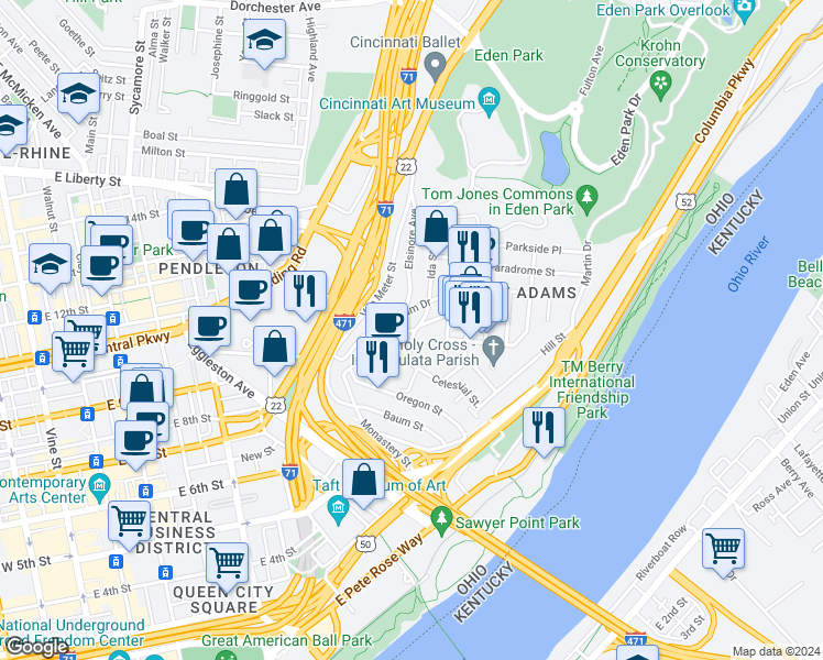 map of restaurants, bars, coffee shops, grocery stores, and more near 998 Monastery Street in Cincinnati