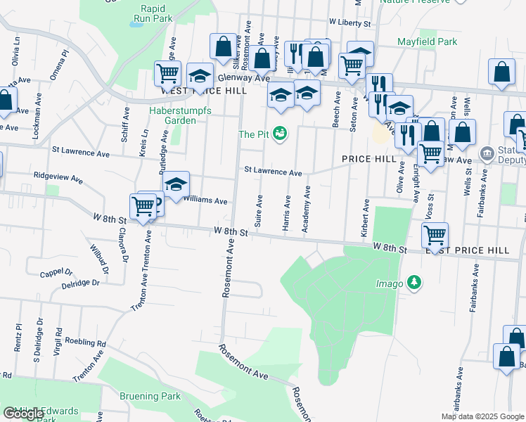 map of restaurants, bars, coffee shops, grocery stores, and more near 832 Suire Avenue in Cincinnati