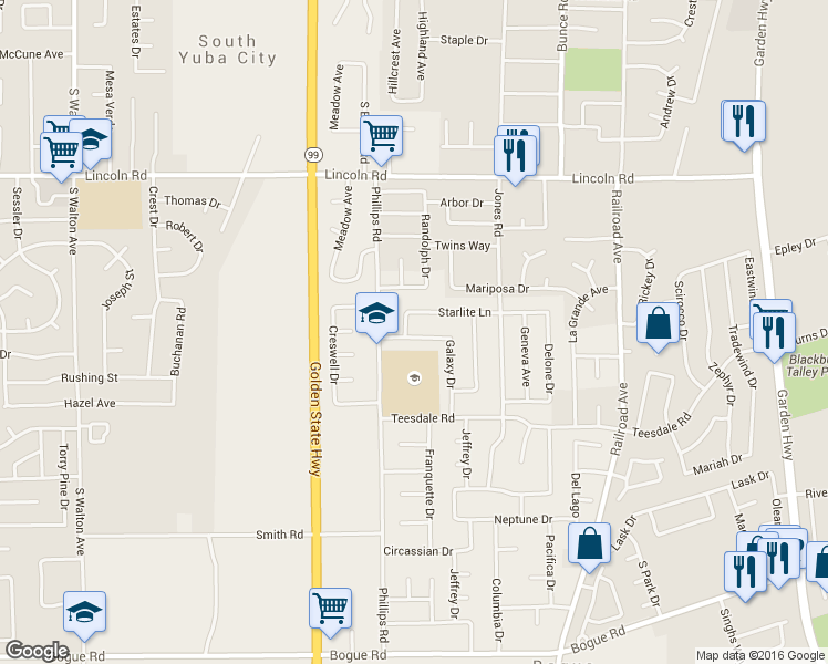 map of restaurants, bars, coffee shops, grocery stores, and more near 1380 Starlite Lane in Yuba City