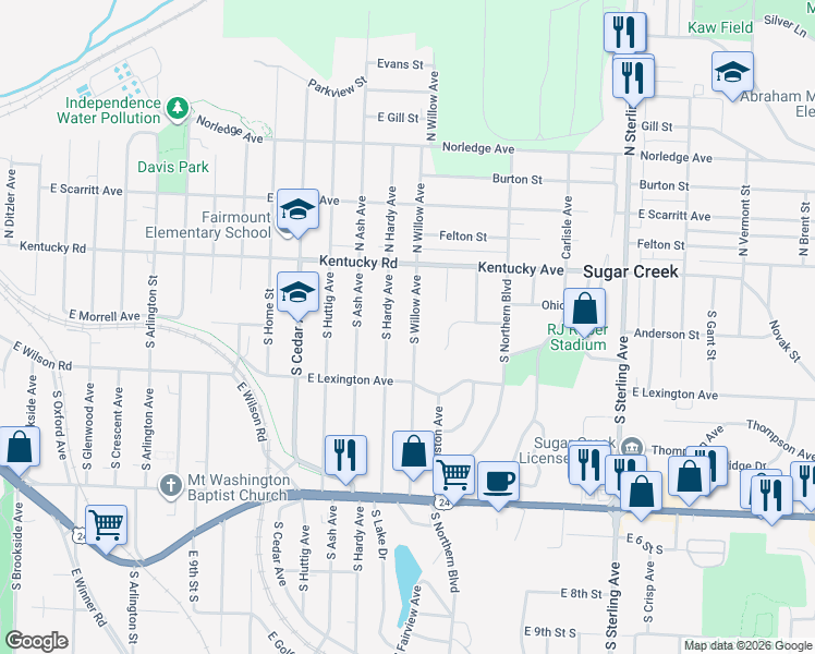 map of restaurants, bars, coffee shops, grocery stores, and more near 132 South Willow Avenue in Sugar Creek