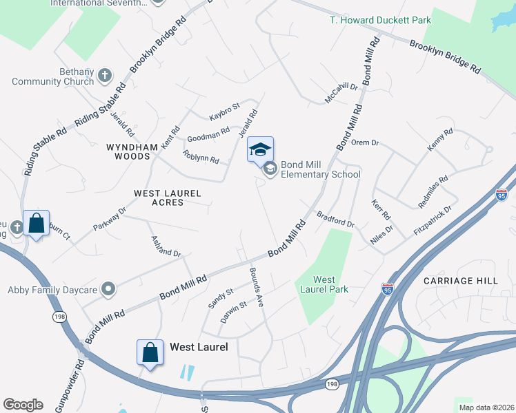 map of restaurants, bars, coffee shops, grocery stores, and more near 15900 Sherwood Avenue in Laurel