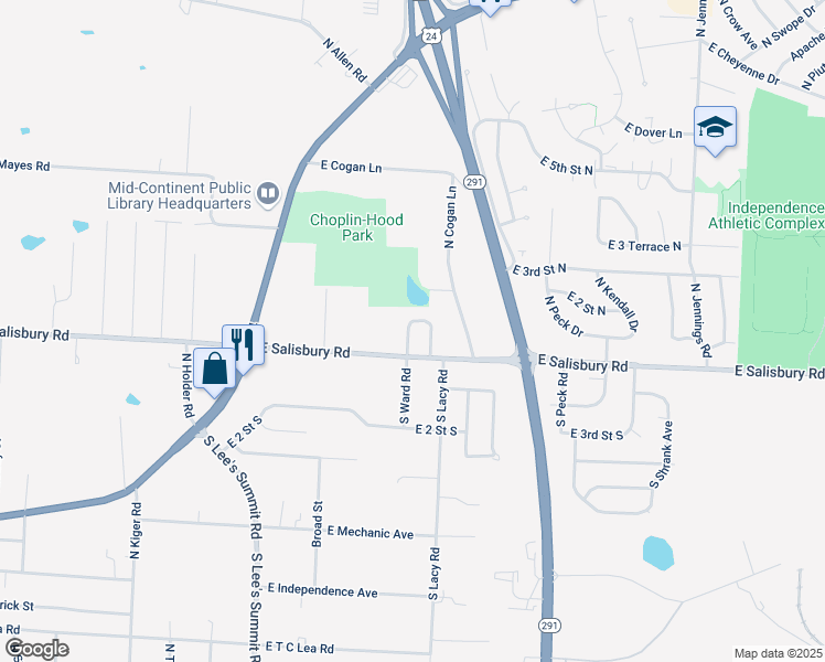 map of restaurants, bars, coffee shops, grocery stores, and more near 16006 East Salisbury Road in Independence