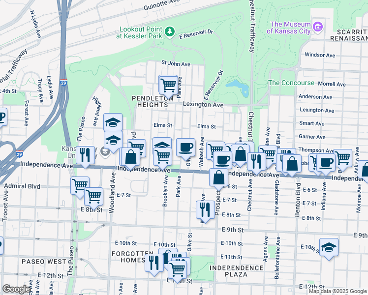 map of restaurants, bars, coffee shops, grocery stores, and more near 513 Park Ave in Kansas City