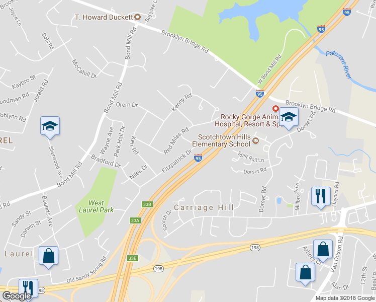 map of restaurants, bars, coffee shops, grocery stores, and more near 7018 Fitzpatrick Dr in Laurel