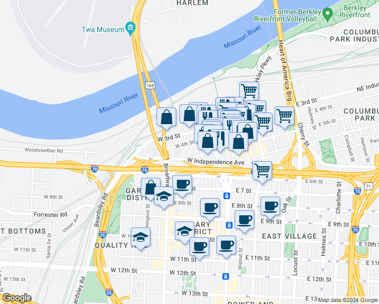 map of restaurants, bars, coffee shops, grocery stores, and more near 210 West 5th Street in Kansas City