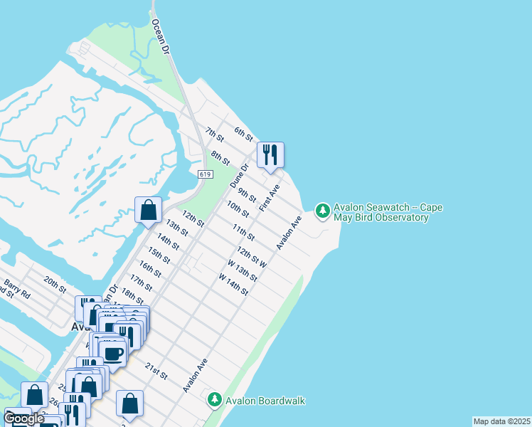 map of restaurants, bars, coffee shops, grocery stores, and more near 94 9th Street West in Avalon
