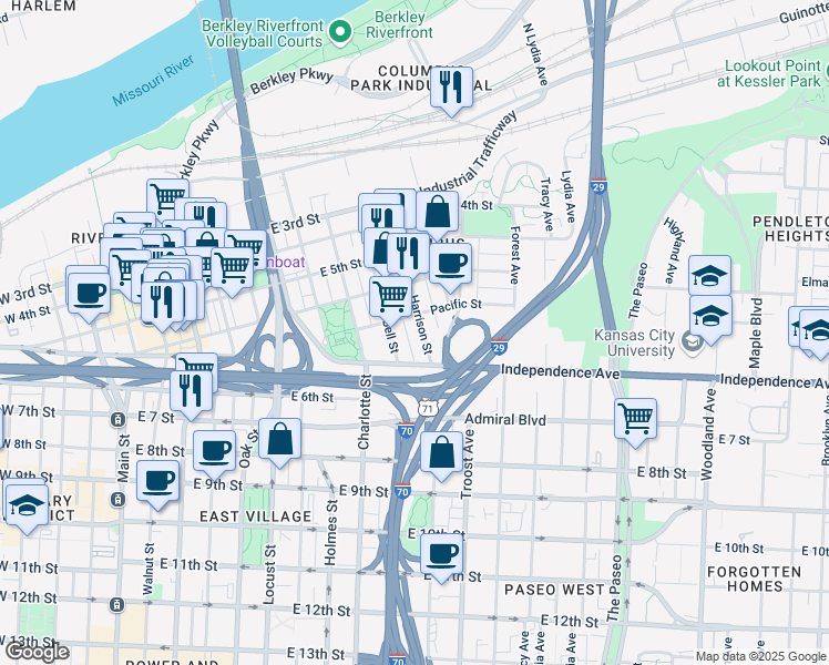 map of restaurants, bars, coffee shops, grocery stores, and more near 558 Harrison Street in Kansas City
