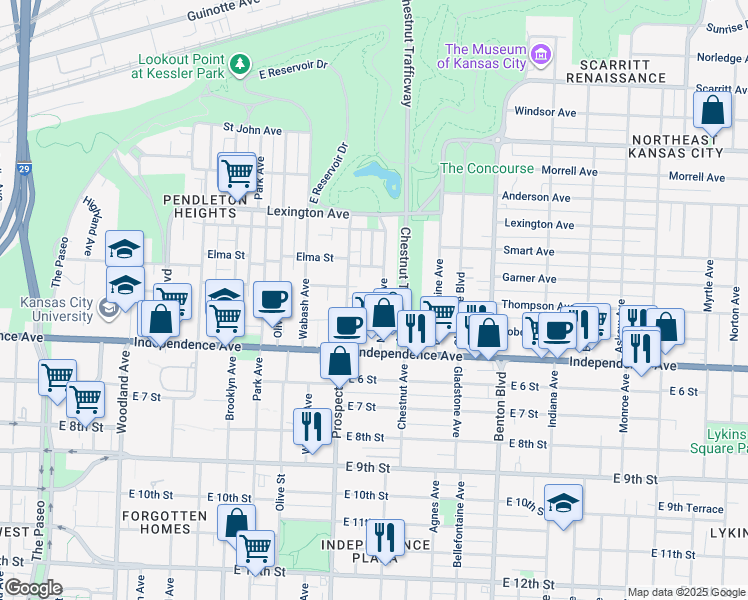 map of restaurants, bars, coffee shops, grocery stores, and more near 458 Montgall Avenue in Kansas City