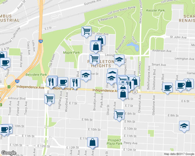 map of restaurants, bars, coffee shops, grocery stores, and more near 513 Brooklyn Avenue in Kansas City