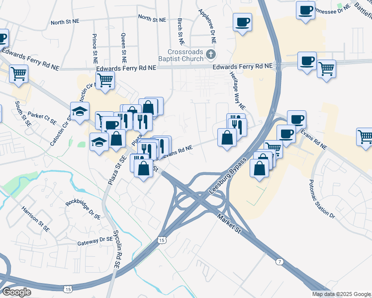 map of restaurants, bars, coffee shops, grocery stores, and more near 31 Fort Evans Road Northeast in Leesburg
