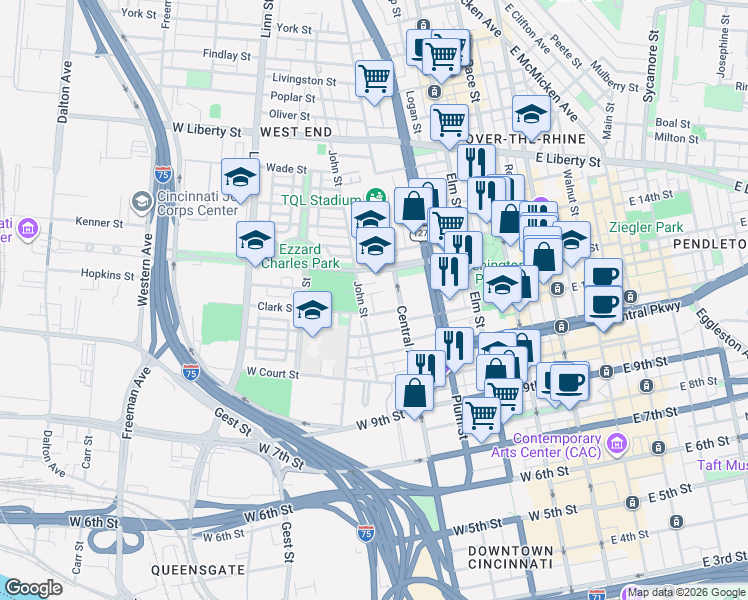 map of restaurants, bars, coffee shops, grocery stores, and more near 415 Hopkins Street in Cincinnati