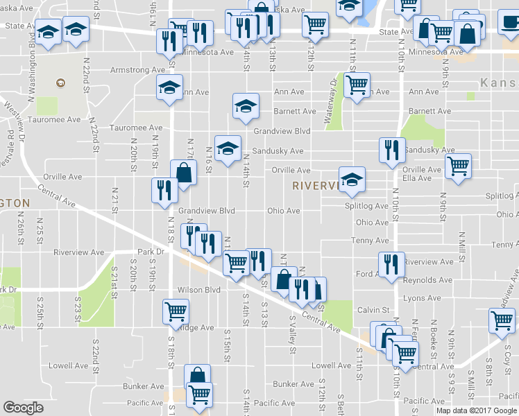 map of restaurants, bars, coffee shops, grocery stores, and more near 304 N 13th St in Kansas City