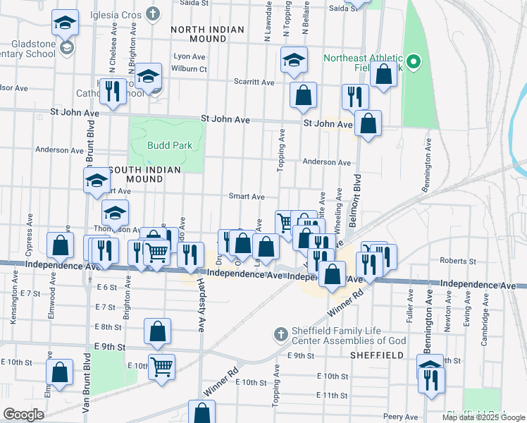map of restaurants, bars, coffee shops, grocery stores, and more near 417 Lawndale Avenue in Kansas City