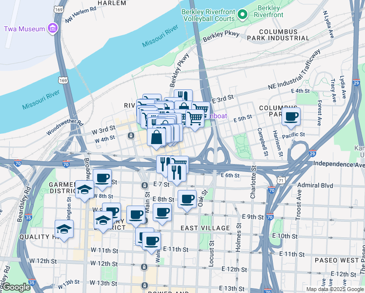 map of restaurants, bars, coffee shops, grocery stores, and more near 523 Grand Boulevard in Kansas City