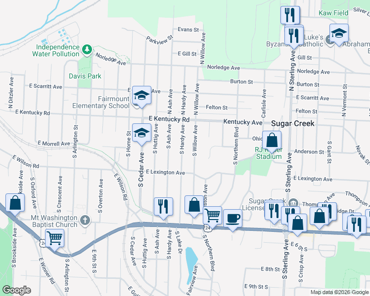 map of restaurants, bars, coffee shops, grocery stores, and more near 132 South Willow Avenue in Sugar Creek