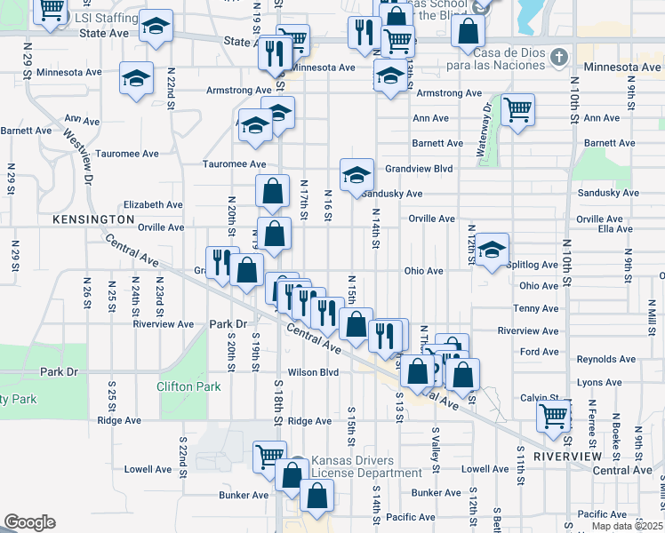 map of restaurants, bars, coffee shops, grocery stores, and more near 301 North 16 Street in Kansas City
