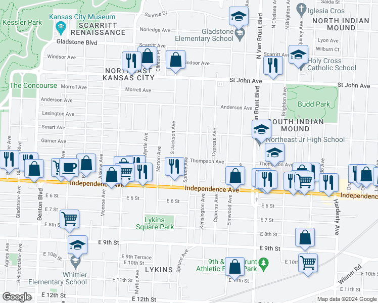 map of restaurants, bars, coffee shops, grocery stores, and more near 429 Spruce Avenue in Kansas City