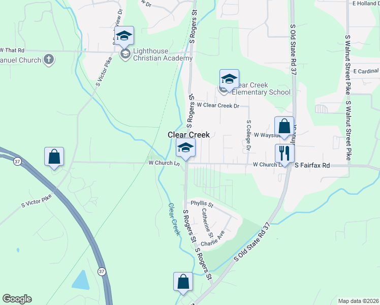 map of restaurants, bars, coffee shops, grocery stores, and more near 5321 South Rogers Street in Bloomington