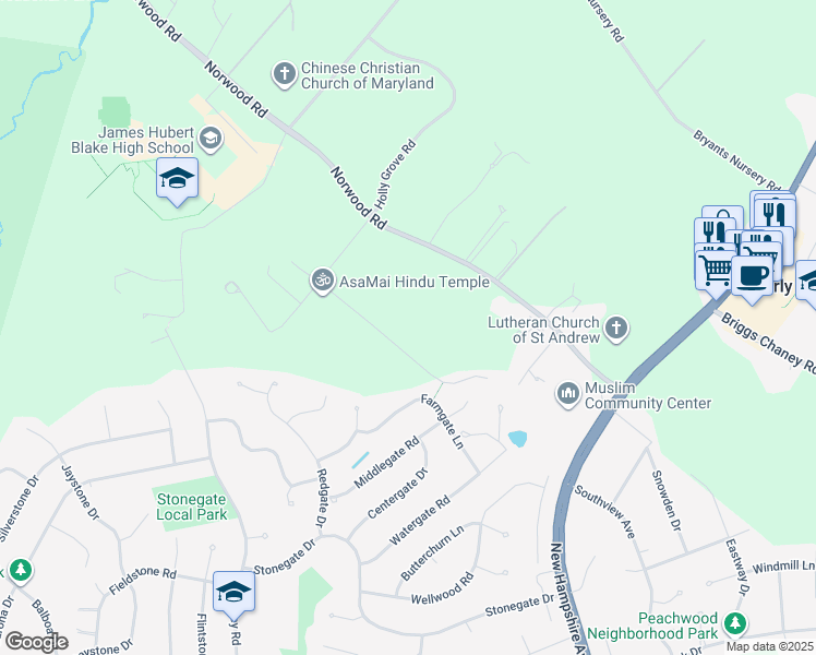 map of restaurants, bars, coffee shops, grocery stores, and more near 27 Awkard Lane in Silver Spring