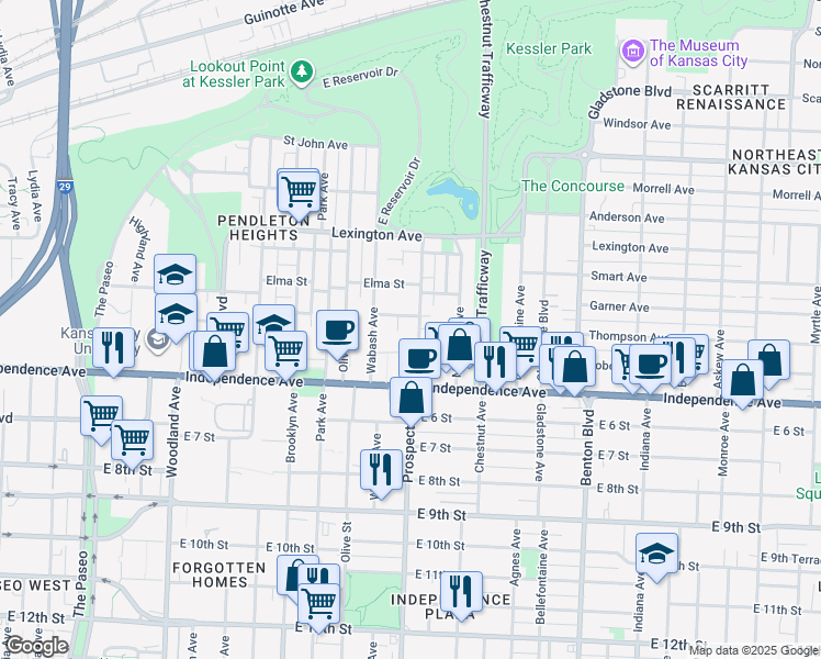 map of restaurants, bars, coffee shops, grocery stores, and more near 504 Prospect Avenue in Kansas City