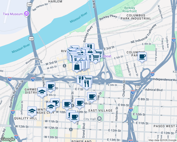 map of restaurants, bars, coffee shops, grocery stores, and more near 310 East Missouri Avenue in Kansas City