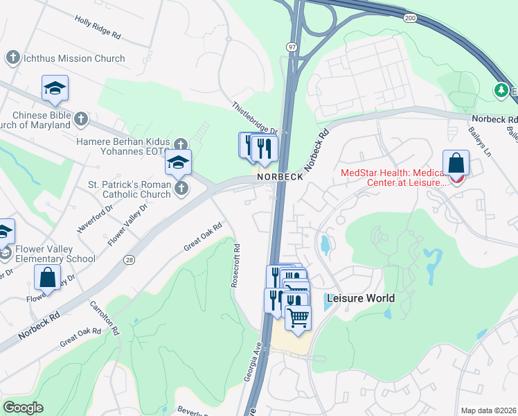 map of restaurants, bars, coffee shops, grocery stores, and more near 15406 Manor Village Lane in Rockville