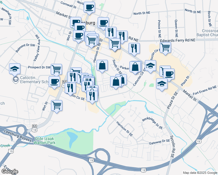 map of restaurants, bars, coffee shops, grocery stores, and more near 411 Bicksler Square Southeast in Leesburg