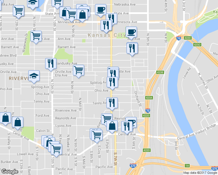 map of restaurants, bars, coffee shops, grocery stores, and more near 306 North 7th Street in Kansas City