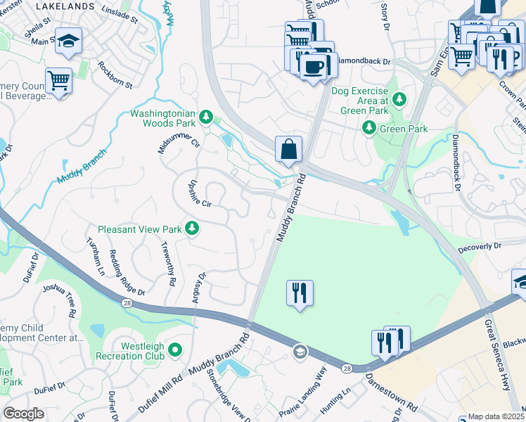 map of restaurants, bars, coffee shops, grocery stores, and more near 804 Amber Tree Court in Gaithersburg