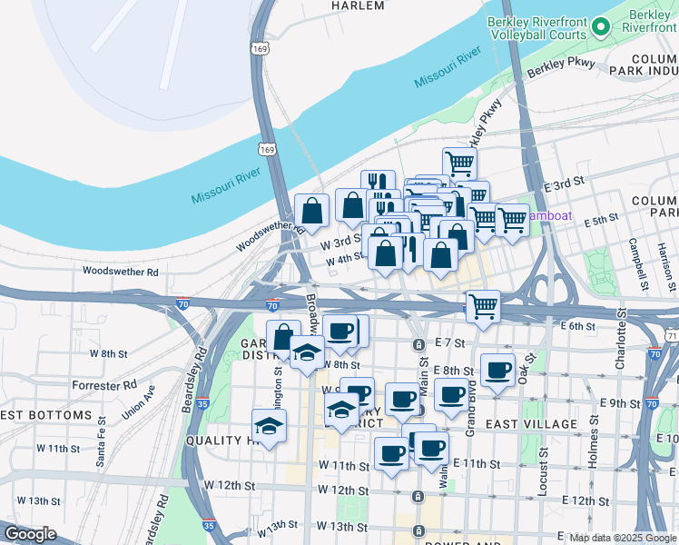map of restaurants, bars, coffee shops, grocery stores, and more near 227 West 4th Street in Kansas City