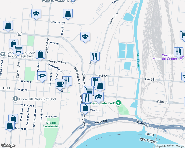 map of restaurants, bars, coffee shops, grocery stores, and more near 1001 State Avenue in Cincinnati
