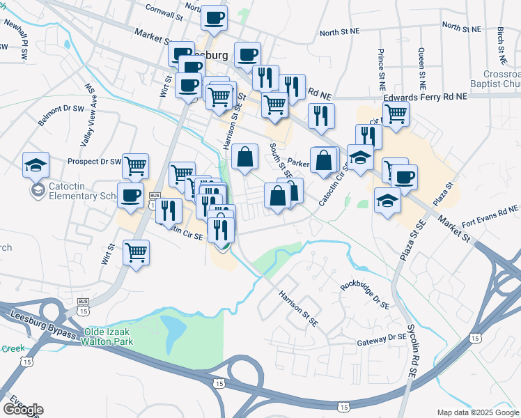 map of restaurants, bars, coffee shops, grocery stores, and more near 411 Bicksler Square Southeast in Leesburg