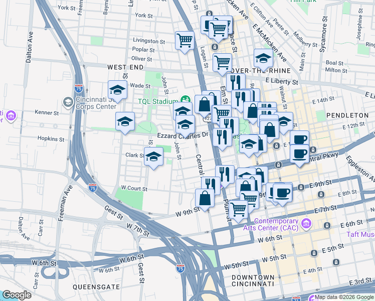 map of restaurants, bars, coffee shops, grocery stores, and more near 415 Hopkins Street in Cincinnati