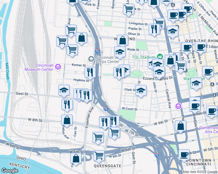 map of restaurants, bars, coffee shops, grocery stores, and more near 846 Clark Street in Cincinnati