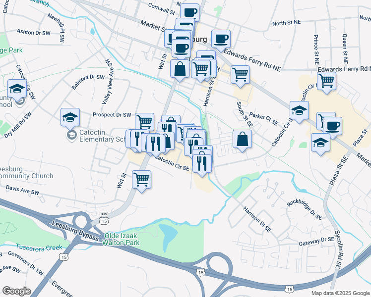 map of restaurants, bars, coffee shops, grocery stores, and more near 32 Catoctin Circle Southeast in Leesburg