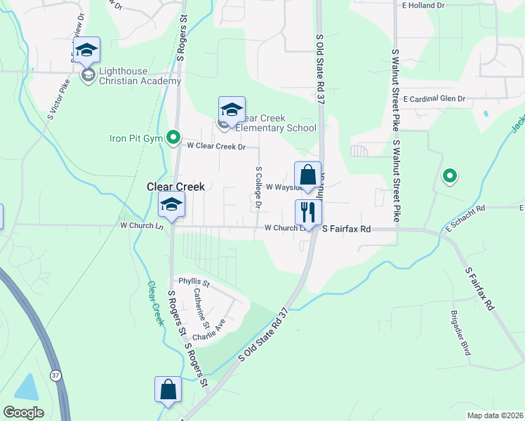 map of restaurants, bars, coffee shops, grocery stores, and more near 5204 South College Drive in Bloomington