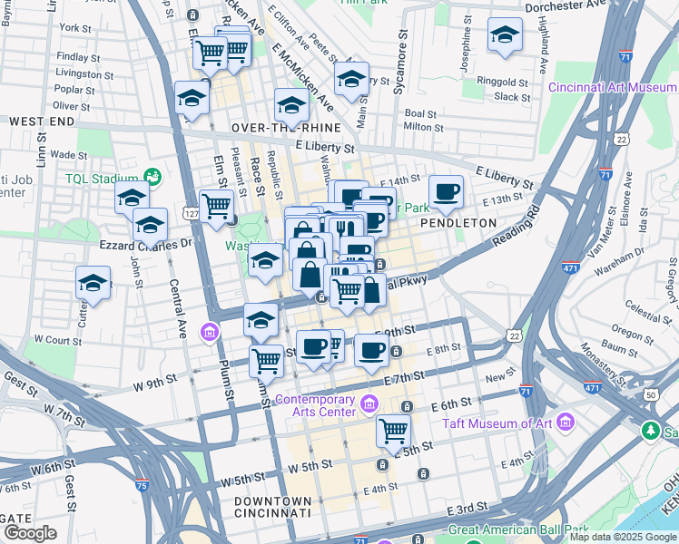 map of restaurants, bars, coffee shops, grocery stores, and more near 1119 Walnut Street in Cincinnati