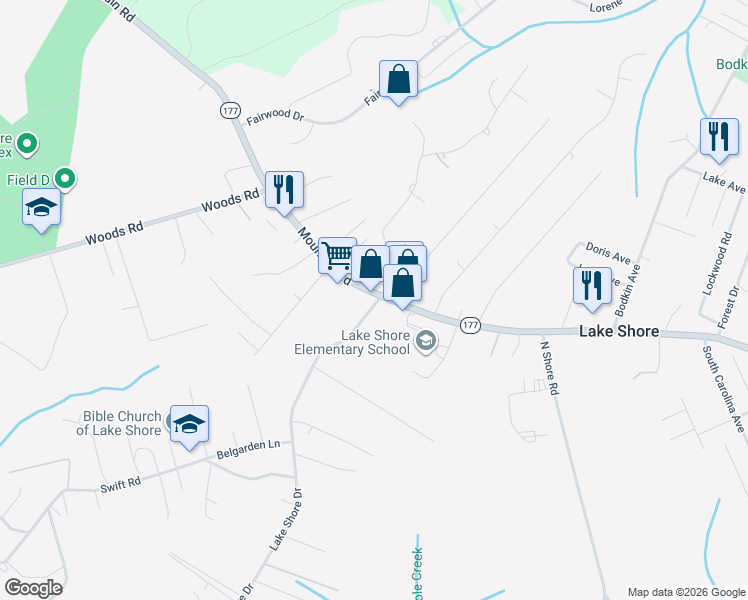 map of restaurants, bars, coffee shops, grocery stores, and more near 4499 Maryland 177 in Lake Shore