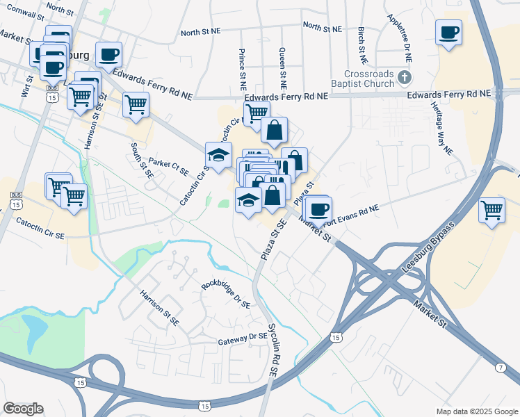 map of restaurants, bars, coffee shops, grocery stores, and more near East Market Street in Leesburg