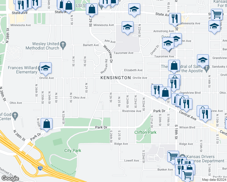 map of restaurants, bars, coffee shops, grocery stores, and more near 2512 Grandview Boulevard in Kansas City