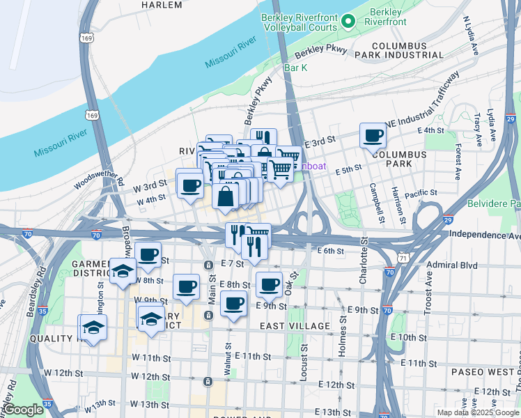 map of restaurants, bars, coffee shops, grocery stores, and more near 523 Grand Boulevard in Kansas City