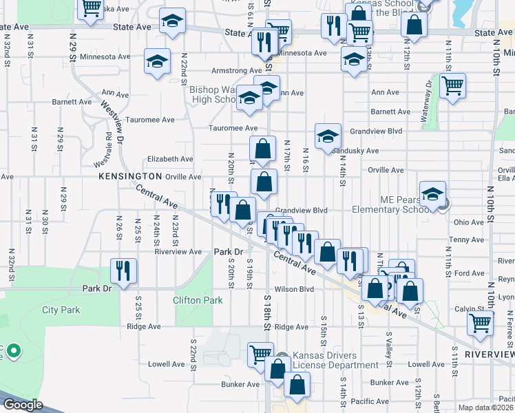 map of restaurants, bars, coffee shops, grocery stores, and more near 1812 Grandview Boulevard in Kansas City