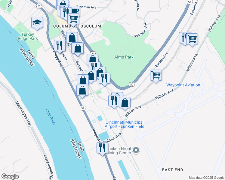 map of restaurants, bars, coffee shops, grocery stores, and more near 4111 Columbia Parkway in Cincinnati