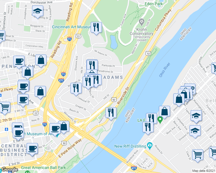 map of restaurants, bars, coffee shops, grocery stores, and more near 1112 Fort View Place in Cincinnati